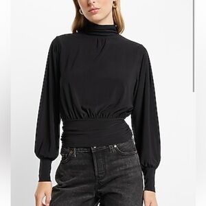 NWT Express Matte Jersey Mock Neck Blouson
Sleeve Open Back Top BLACK